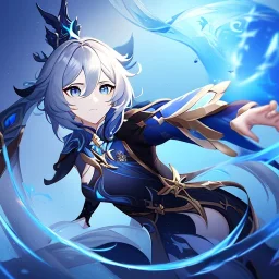 Genshin woman, Clear Focus High resolution, Calm Background, Light skinned woman, Black long beatiful hair, Dark blue sparkling eyes, Very Beatiful Face, Splash art, Battle Scene Epic