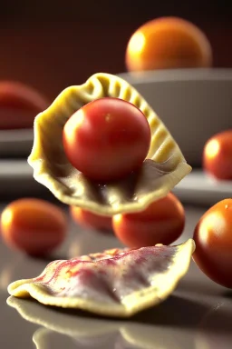 Raviolis composite with cherry tomato and albahaca, olive oil. renaissance style still life, moisture, art, natural, ornaments, marble, gold, high kitchen, smooth, gradient color background, unreal engine 5, ray tracing, RTX, lumen lighting, ultra detail, volumetric lighting, 3d.