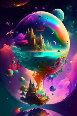 Fantasy world floating in the colorful universe