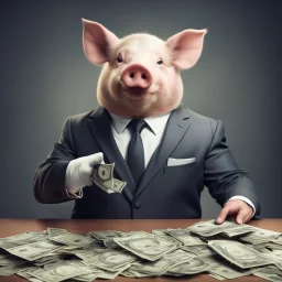 rich pig in suit making stacks of money by making a deal with a buisnessman