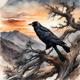 museum quality ink wash and watercolor painting of an aged, wandering Raven perched in the branches of an ancient, gnarled and twisted, Bristlecone Pine, on a remote plateau in the Rocky Mountains at sunset, in the style of Karl Bodmer, and Winslow Homer, rendered as an aquatint, with a fine art aesthetic, highly detailed , 8k UHD cinegraphic realism, dramatic natural lighting