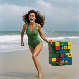 [photo by Kevin Eastman and Peter Laird] surprised April O'Neil, 24-years-old wearing a olive green one-piece swimsuit , running away from giant rubik's cubes, the overcast sky and beach in the background, vibrant 1990's movie