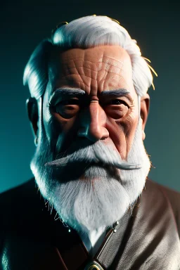 Old man Cyborg anime warrior, grey hair, trimmed grey beard,brown eyes, waist up portrait, 8k resolution, intricate details, ornate details, soft lighting, vibrant colors, retroanime, futuristic cityscape background
