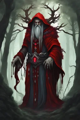fantasy corrupted druid with background, red crystal forest