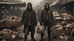 realistic movie scene: in a post apocalyptic future: people trading at a market, their clothes are made of garbage and are improvised. they wear improvised ((very detailed)) masks for protection. The costumes are very detailed and made of garbage, metal parts, scrap metal, belts, bags, car parts, spikes, They are armed and look very dangerous. all is broken, extremely used, burnt, dangerous and rusty. The mood is dark, dystopian and depressive.