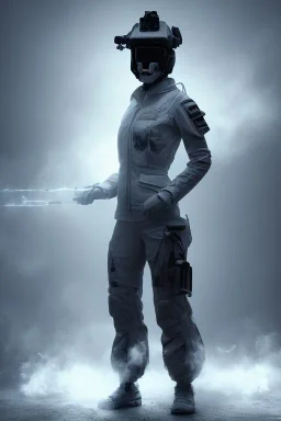 All Black female british soldier, ghost, wearing high tech mask, white smoke, dark, rage, sorrow, high definition, ultra 8 k, volumetric lighting, blue fire, fog