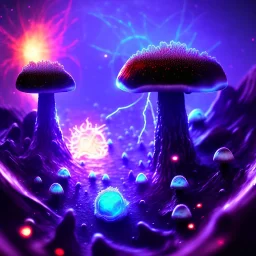 Spherical Frost metal magic armoured lightning glowing Mycelium MUSHROOM stars galaxy SPACE lANDSCAPE BURNING IN BLUE FLAMES hellfire abyss math chaos vivid