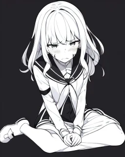 hurt, black and white, anime girl sitting with full-black background