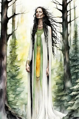 create an ink wash and watercolor full body portrait of a pale female tribal druid priestess, with highly detailed, delicate feminine facial features, inhabiting an ethereal Northern forest of ancient hemlocks, in the comic book style of Jean Giraud Moebius, David Hoskins, and Enki Bilal, precisely drawn, boldly inked, with vibrant colors