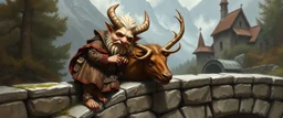 postcard, a blonde fluffy gnome quickling kobold gremlin that looks like the opposite of a vampire in bunad leaning on an elk, holding his horns, all on a stone bridge, in the style of master painter