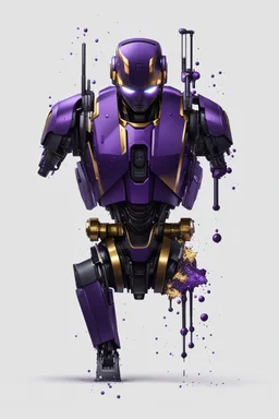 Human Like Cyborg, Royal purple and Gold, Combat Robot, Dangerous, Strong, Destroyed, Inside a Vat of Liquid