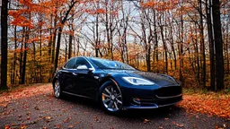 A Tesla's 'Model S Plaid' is doing donuts, in the 'Great Smoky Mountains' National Park, in Tennessee. CINEMATIC. WIDE ANGLE LENS. PHOTO REAL.
