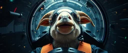 space warp crash pilot ,weird experiment gone wrong perspective close up portrait of dj sheep platypus duck pilot looking down on cam, with background in the style of escher and giger, a chill contrapunctus fugue in the style of fsol, beethoven, goa trance breaks, dancefloor drum and bass,