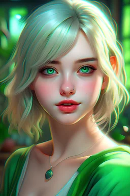 cloesed lips, cute smile, (best quality, masterpiece, colorful, dynamic angle, highest detailed)upper body photo, full body photo, fashion photography of cute unity 8k wallpaper, ultra detailed, beautiful and aesthetic, (photorealistic:1.4), (1girl), green eyes, blonde, hair ornament, short hair, blush, dynamic pose, dynamic angle, lipstick, slim, slim body, very wild shot, outdoor, detailed background, realistic, solo, perfect detailed face, naughty face, detailed eyes, highly detailed, ((fanta