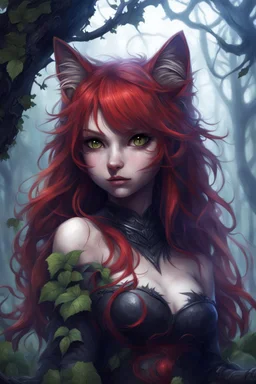 CAT GIRL, FANTASY, FORESTY, VINES, SOULLESS, FLUFFY TAIL, RED HAIR, METAL