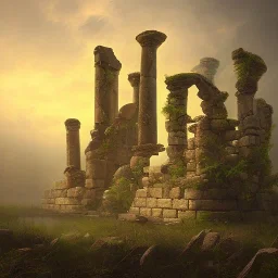 ancient ruins fog bright colors spotlights UFO night