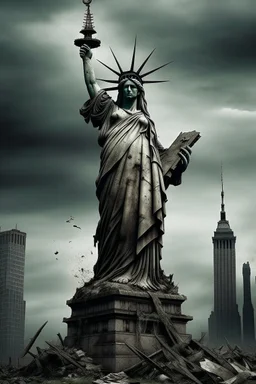 the statue of liberty, dress dirty and torn, her face solemn and terse, her head hanging in defeat, trash littered at her feet, the skyline dark and grungy