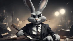 photorealistic deppressed dark melancholic sad Bugs bunny with blackeye deppressed doing music rock and roll dark heavy metal on a scene alcoholic, ciggaretes sad sad sad ciggarets