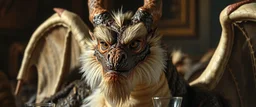 close up portrait painted by Rembrandt, stupid looking furry dragon at banquet