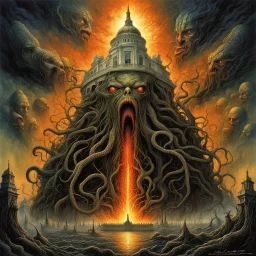 by Michael Whelan and Zdzislaw Beksinski and Luis Royo, Lovecraftian eruption in Washington DC, Lovecraftian elder god entity curls around the Washington White House nightmarish images pour out of its mouth blanketing the sky with a miasma of Eldritch horrors, fantastical digital art, dramatic, Eldritch, hyperdetailed, dark colors.