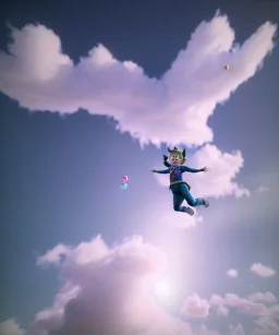 Ultra realistic clouds sky scene, wide angle, medium shot view, portrait, sweet Child, free jumping flying, trinkets, monster hair, jelly beans, balls, smile, happy, Peter Pan style, inflatable color clothing, extreme, wind, clouds sea, 20,000 feet altitude, stratosphere, soft color, highly detailed, unreal engine 5, ray tracing, RTX, lumen lighting, ultra detail, volumetric lighting, 3d, finely drawn, high definition, high resolution.