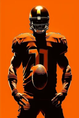 Silhouette of a football linebacker with a skull on front of jersey, orange background, photorealistic