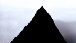 looking up at a single sharp narrow mountain, the peak obscured by clouds and fog.