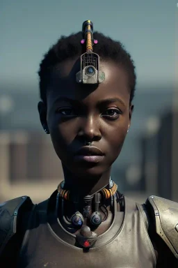 Beautiful portrait of african girl post-apocalypse robots in a cyberpunk city, sci-fi fantasy style, 8k,dark