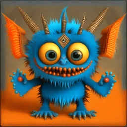 a 3d hd cute fuzzy , monster hall figure with blue eyes, the devil tarot card, fuzzy orange puppet, tribal art, metamorphose, wētā fx, stylized border, beware the jabberwock, morph dna, symmetrical mouth, by Herb Aach, “portrait of a cartoon animal, nilah, ocher, horn, 8k resolution cinema4d blender render realistic