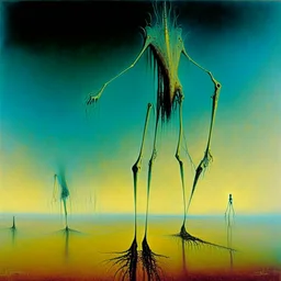 Enhanced surrealism, revisionist histories of downloadable nightmare creature contrivances, by Desmond Morris and Zdzislaw Beksinski, mind-bending surreal image, classic and modern surreal motifs, long legs, too many legs, complex contrast, dynamic composition