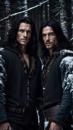 two Handsome and muscular 30 year old mountain men , long hair dark hair, facial hair, dark fantasy, snowy forest