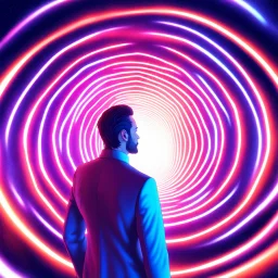 A man stands in front of a galaxy glowing tunnel in different colors, deeper into the metaverse we go, an open portal to another dimension, infinite quantum portal, the encrypted metaverse, the image is futuristic, surreal cyberspace, the approaching singularity, entering a quantum wormhole, portal dimensions , Cosmic Energy Threads, Futuristic Digital Art, Inner Hyperspace, Holographic Projection