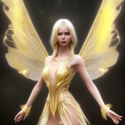 beautiful fairy very etheric, nice smiling, long blond hair, magic glamour pink make up, delicate colors, complete vision of very transparent golden and big wings, beautiful glamour transparent golden dress, ultra sharp focus, 8k, unreal engine 5, extremely sharp detail, light effect, soft light atmosphere, smooth, full of details, face in front, complete vision of face and hair and of the body