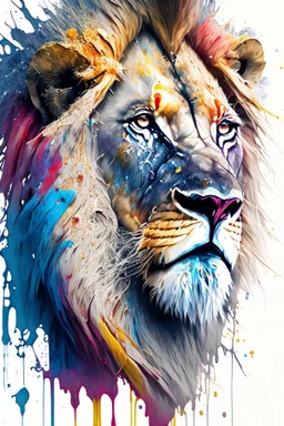 "lion", clean design, art station, splash of colorful paint, contour, ((solid white background)), gazing into camera, hyperdetailed intricately detailed, unreal engine, fantastical, cinema lighting, intricate detail, splash screen, complementary colors, fantasy concept art, 8k resolution, DeviantArt masterpiece, watercolor, paint dripping