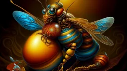 Surreal digital art, hyperrealistic rendering of a bee with a bell for a body and a belly button on its abdomen, vibrant colors, intricate details, fantasy concept by Boris Vallejo and Julie Bell