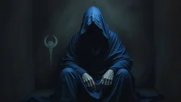 Surreal and dark painting featuring a hooded figure draped in a deep blue cloak, sitting in a dimly lit, enclosed space.