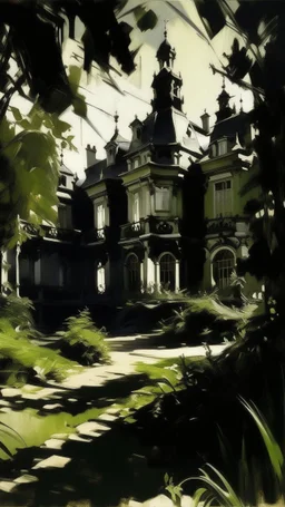 A black chateau in a demented shadow realm painted by John Singer Sargent