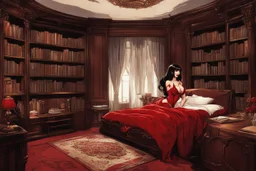 Vampirella in a bedroom with wooden furniture, bookcases and opulence