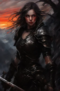 A formidable warrior girl in black armor, on the background Amazing gloomy landscape, flooded with sunset, mountains, trees, fabulous scary hero, , juicy emotions, painting, dark fantasy, bad weather, gloomy day, dark world, by Raymond Swanland & Alyssa Monks & Anna Razumovskaya