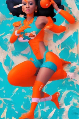 Miami Dolphins-themed beautiful perfect female superheroine orange and teal skin-tight costume Afrofuturism CopticArt Style of Elle Magazine Reisha Perlmutter Leng Jun Stan Lee Joseph Ducreux Kehinde Wiley Boris Vallejo Jeff Koons photorealistic portrait painting street art 64 megapixels Pixar, Disney 3d digital art, Maya 3D, ZBrush 3D shading dynamic lighting iridescent