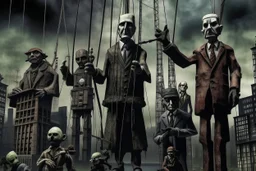 an evil government looms above, wielding marionettes below as the news media broadcasts their suffering in the background, dystopian, dread, horror