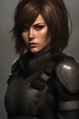 12k wallpaper of Arina- 34 years old woman, mercenery, fierce and stunning, Bobcut brown hair, athletic, wearing black tactical clothes in sci-fi world - HDR quality - trending in artstation, ultra realistic, highly detailed neck, highly detailed face