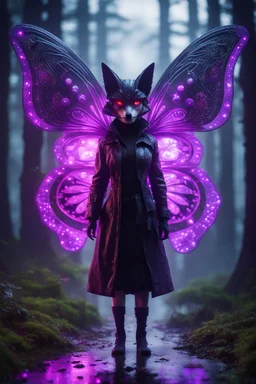 Volumetric forest fog fox butterfly fairy lights,paradise sacred geometry framed playing card, black, red, spore and purple neon fire cyber punk dancer thief in soaked rain coat shadows boss card in the style of giger and fallout 4 ,,bokeh like f/0.8, tilt-shift lens 8k, high detail, smooth render, down-light, unreal engine