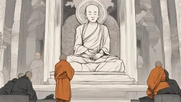 older monk in black robe teaching younger monks