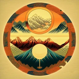 Ukiyo-e styled art, yin and yang sign, mountains and sun