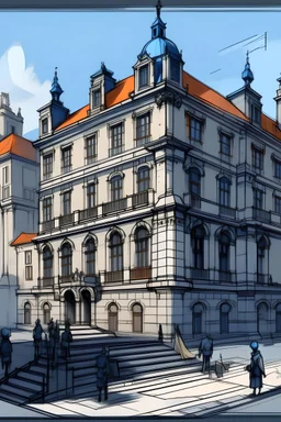 2D platform game design, the plot takes place at the Academy of Fine Arts in Wrocław in an old building, in the background you can see paintings and sculptures of characters