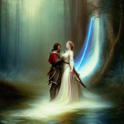 romantic fantasy spray painting, william Turner, watercolor, close up on dark robed poet playing lute for an elf in magical winding forest, two elves in waterfall, movie poster