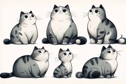 collection of six whimsical cat illustrations. They are drawn in a simplistic, cartoonish, Disney style, each with unique features and postures. The cats vary in size, with some appearing chubby and others slender. They possess a range of facial expressions, from content to curious. The cats are positioned in various orientations, with some facing upwards, others sideways, and one lying down. The overall color scheme is monochromatic, primarily in black and white, giving the illustrations a play