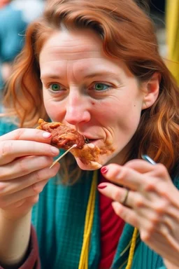 a woman eating corned beef with a straw