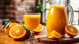 A photo of freshly squeezed orange juice. The juice is in a glass next to a citrus fruit. There is a carafe of juice on a wooden board. The background is a rustic setting with a brick wall and a window. The lighting is warm.